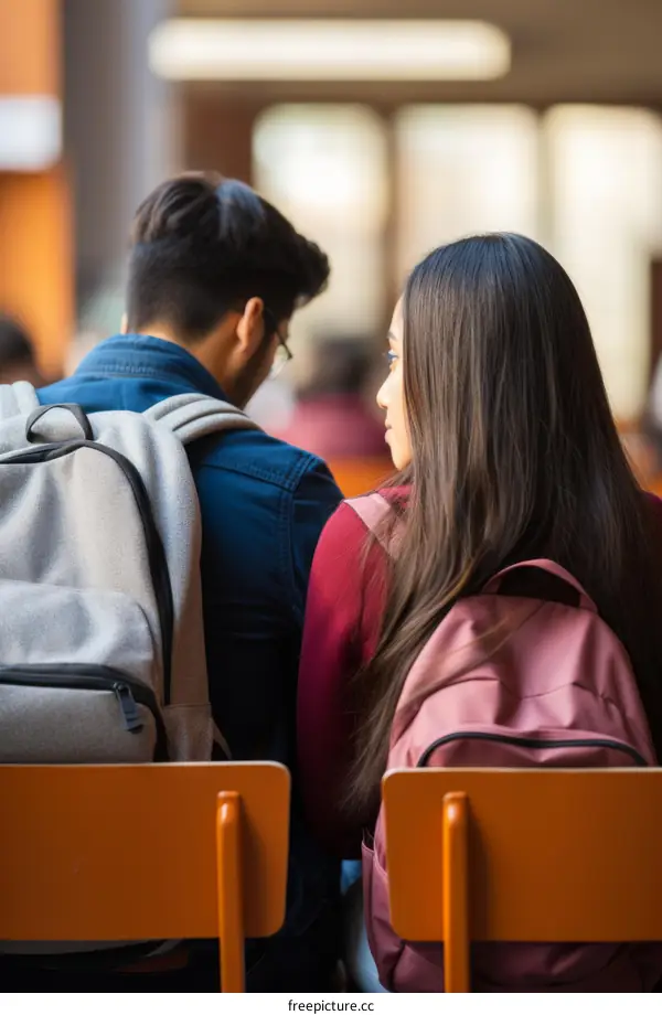 Two people sitting on a bench with their backs to the camera