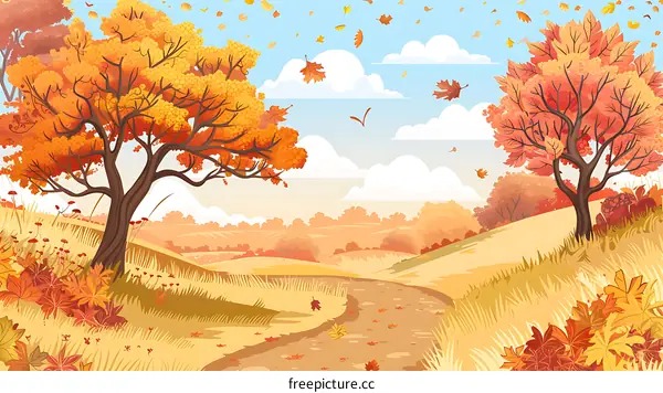 Autumn Landscape with Winding Path and Falling Leaves