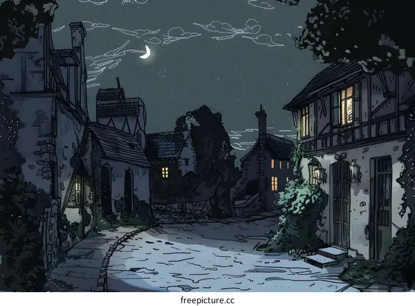 Nighttime Scene in a Quaint European Village