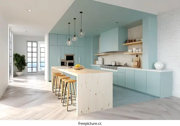 Modern Light Blue Kitchen with Wooden Island