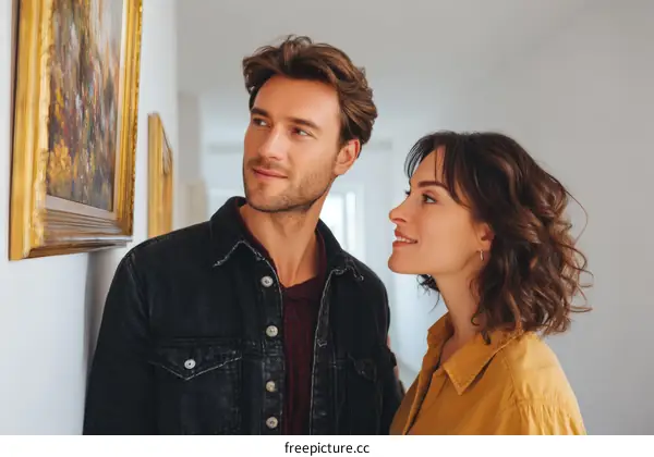 Couple admiring a painting in an art gallery