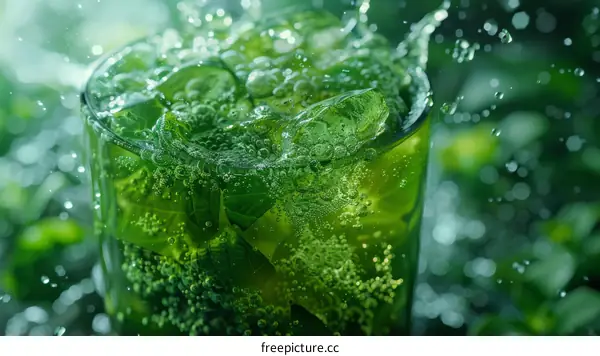 Refreshing Green Carbonated Beverage with Ice and Mint