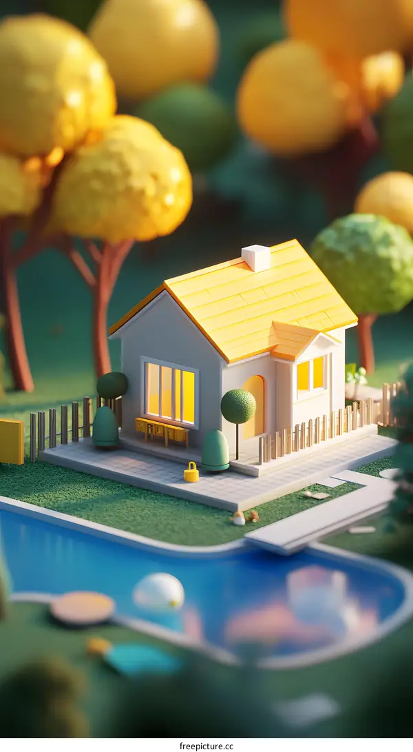 Cute Yellow House with a Pool in a Green Garden