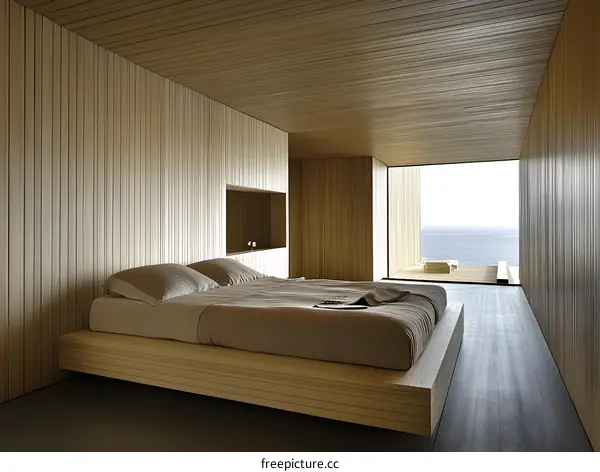 Minimalist Bedroom with Wooden Walls and Ocean View