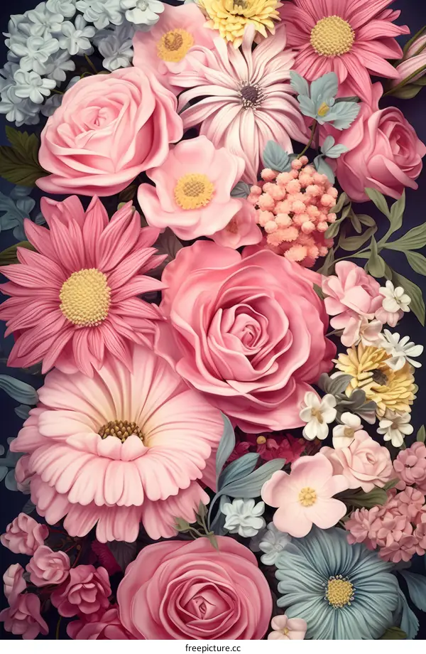 Pink Flower Bouquet with Various Types on Dark Background