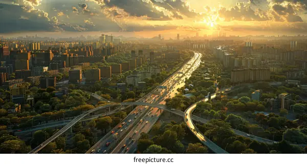 Sunset Cityscape Aerial View Highway