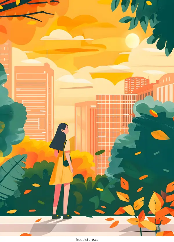 Autumn in the City, Woman with Long Hair Standing in Front of Skyscrapers