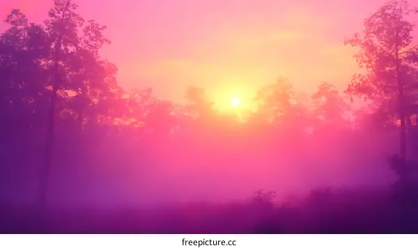 Pink and Orange Sunset in a Foggy Forest