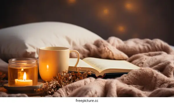 Cozy Bedroom Retreat with Tea, Book, and Candlelight