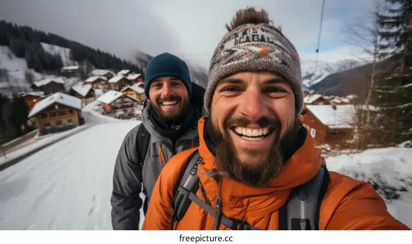 Two men standing in the snow in front of a mountain village