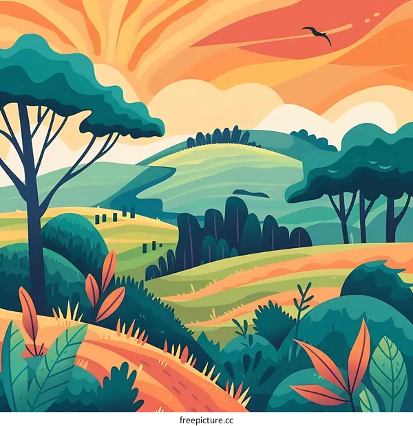 Beautiful Sunset Landscape with Rolling Hills and Lush Greenery