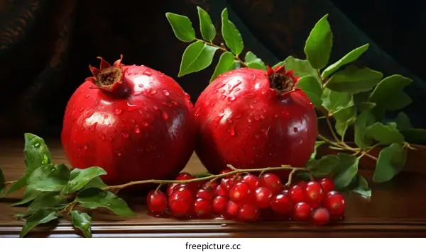 Two red pomegranates with green leaves and red berries
