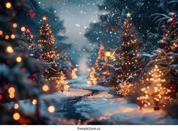 Christmas Snowy Night Light Decorated Trees