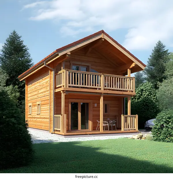 Modern Wooden Cabin with Balcony and Patio in the Woods