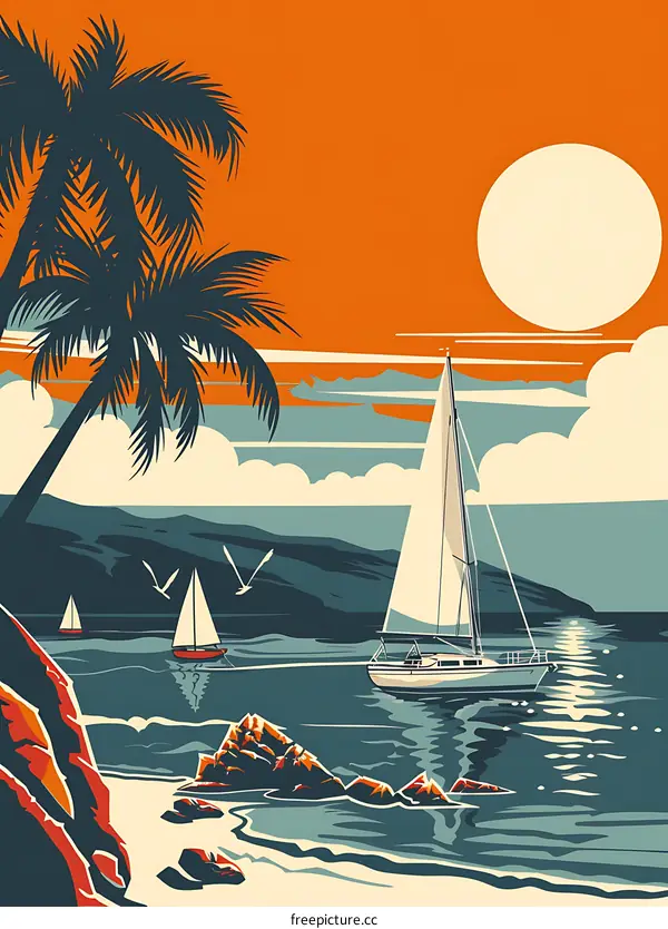 Tropical Summer Sunset with Sailboats