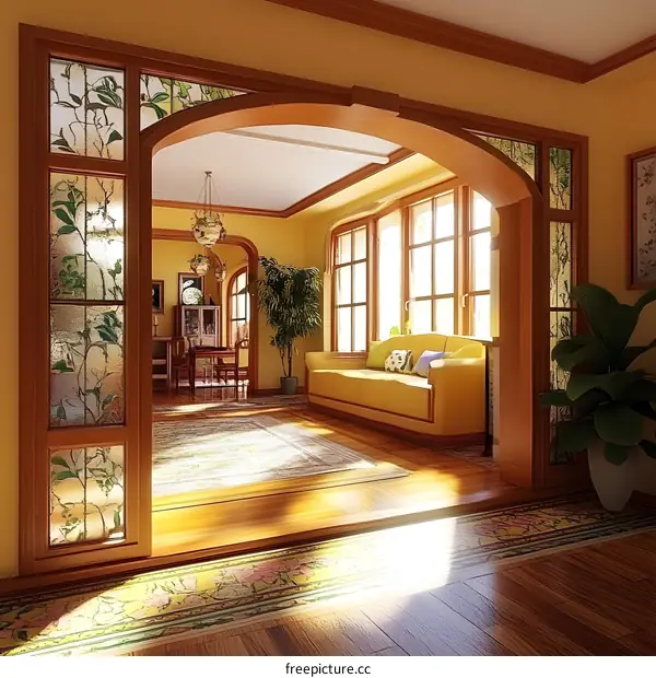 Interior Design with Stained Glass Window and Archway