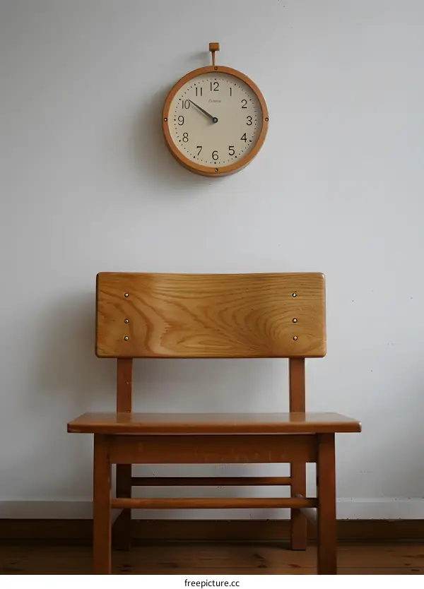 Wooden Chair and Clock on White Wall