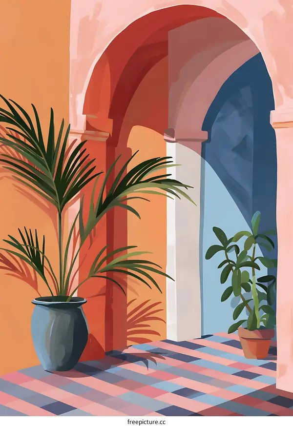 Colorful Archway with Palm Trees and Plants