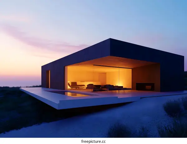 Modern Minimalist Home Architecture Design With Sunset Sky