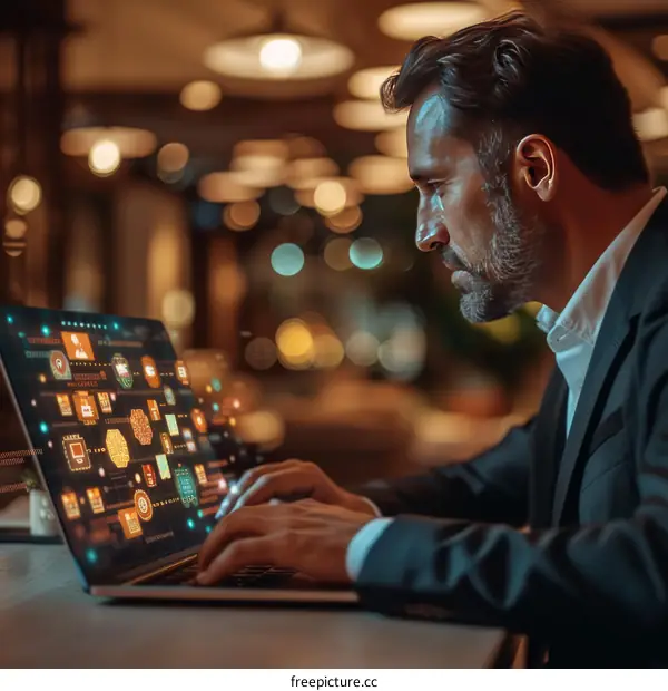 A man is looking at a laptop with a futuristic user interface.