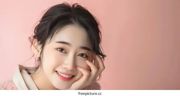 Beautiful Asian Woman Portrait with Pink Background