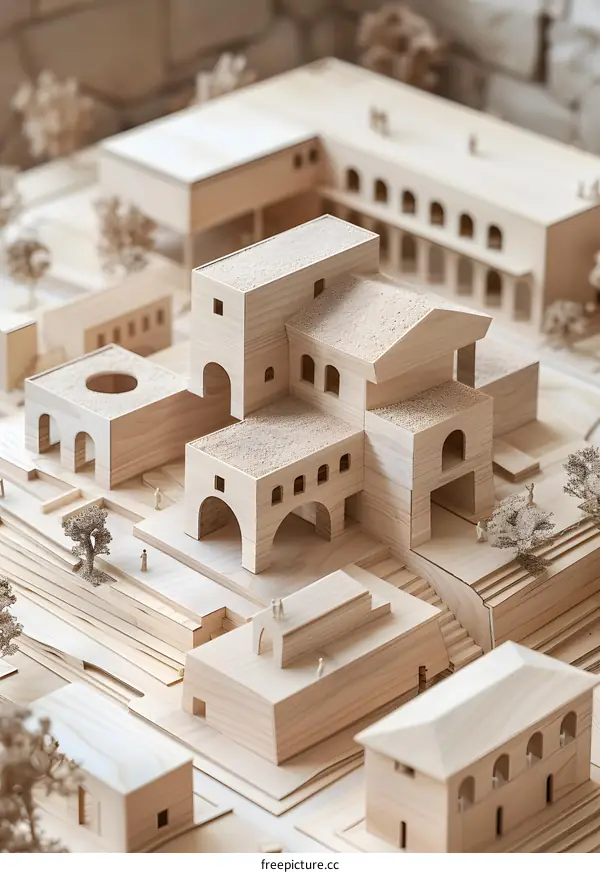 Wooden Model of a Modern City with Small Buildings and Trees
