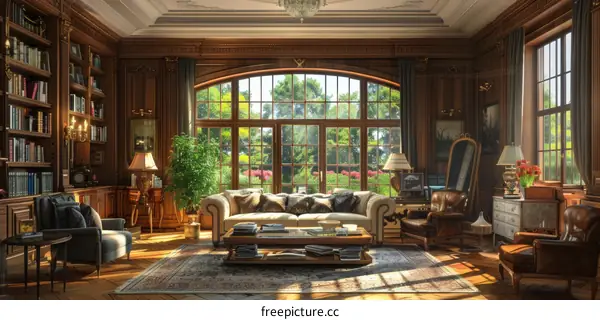 Classical Library Interior Design With Large Windows and Bookshelves