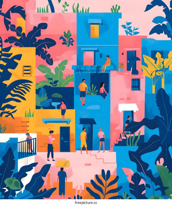 Colorful Illustration of a Tropical Cityscape with People