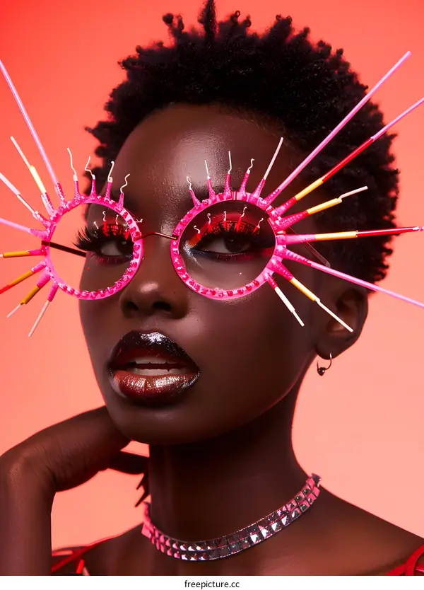 Black Woman Wearing Pink Sunglasses with Long Slender Eyelashes