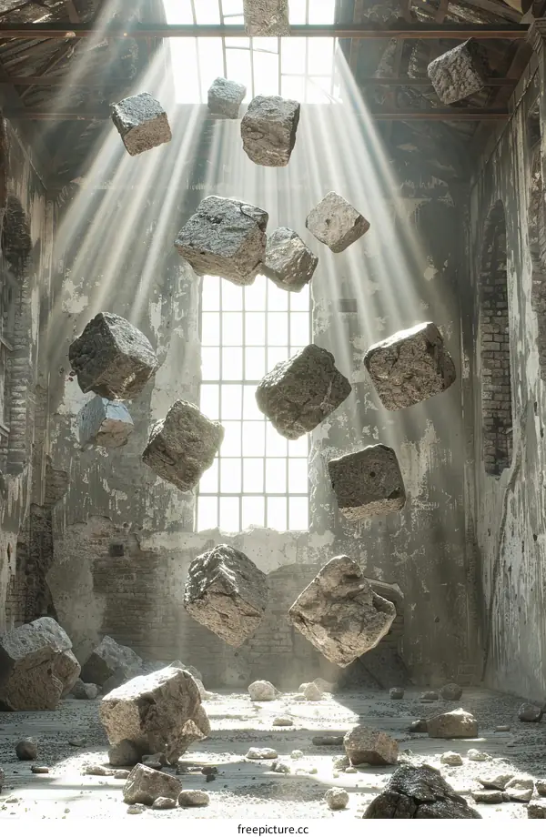 Floating Concrete Cubes in a Ruined Basilica