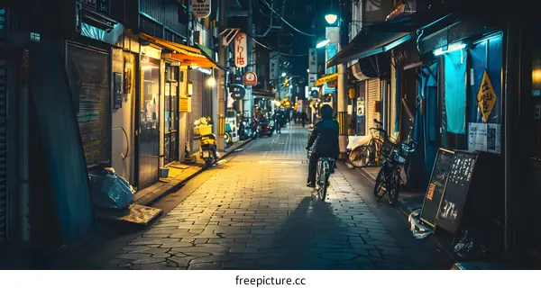 Nighttime View of a Narrow Street in Japan