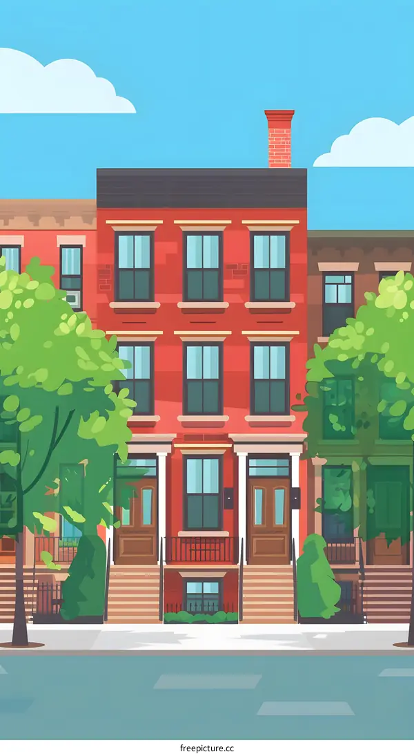 Red Brick Row House with Green Trees Illustration