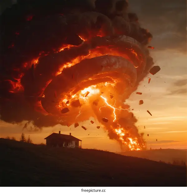 A Fiery Tornado Spinning Over a Remote Hilltop House at Sunset