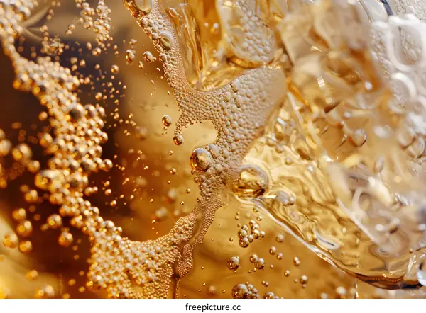 Macro Photography of Golden Bubbles in a Drink