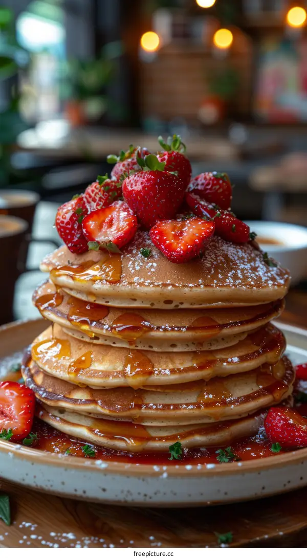 A Scrumptious Plate of Pancakes with Maple Syrup and Fresh Strawberries