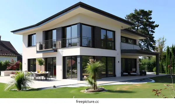 Modern White House with Large Windows and Black Accents