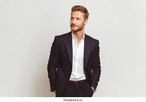 Handsome Man in Business Suit on Light Grey Background