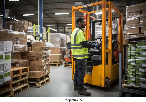 Black man in a yellow safety vest operates a forklift in a warehouse