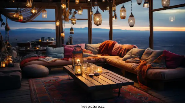 A cozy living room with a beautiful view of the mountains.