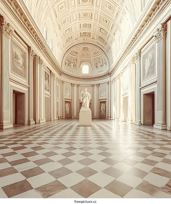 Interior of a Large Empty Room with a Checkered Floor and a Statue