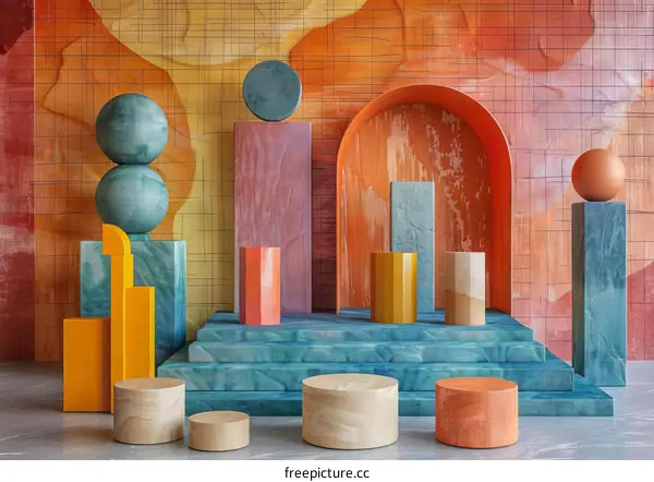 Geometric Shapes in 3D Space: A Composition of Color, Form, and Light