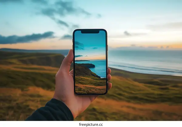 Hand Holding Smartphone Taking a Photo of the Coastline