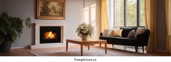 Cozy Living Room with Fireplace and Large Window