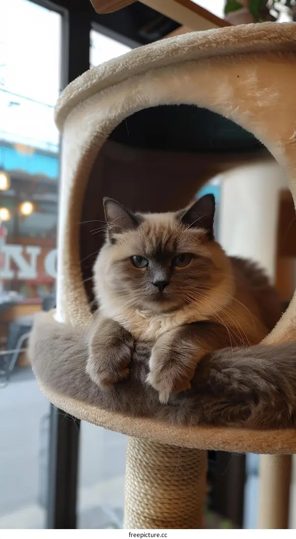 A cute cat is sitting in a cat condo