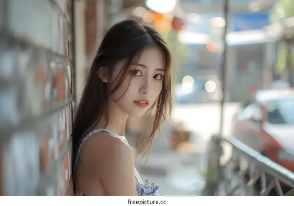 Asian Woman with Long Hair Leaning Against Brick Wall in City