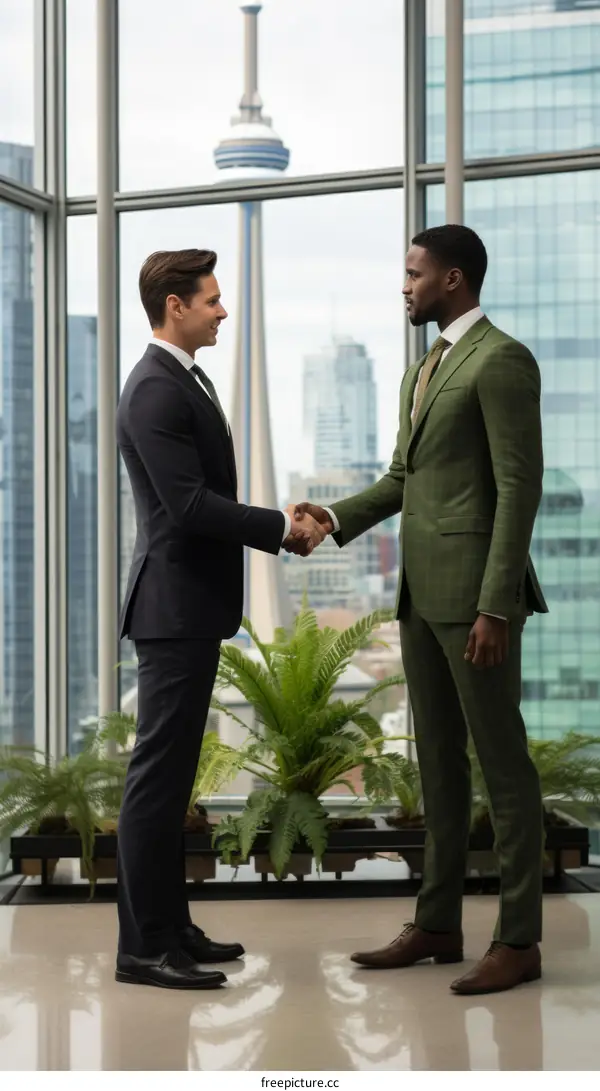 Businessmen of different ethnicities shaking hands in an office with a modern interior and a view of the city skyline