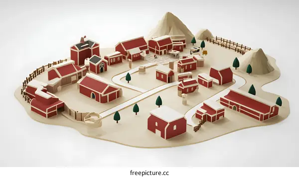 Papercraft Miniature Model of a Small Town with Red Roofed Buildings