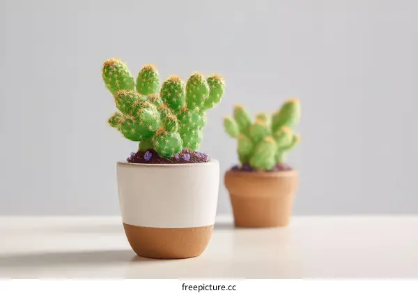 Two Succulents in Pots Against a Light Gray Background