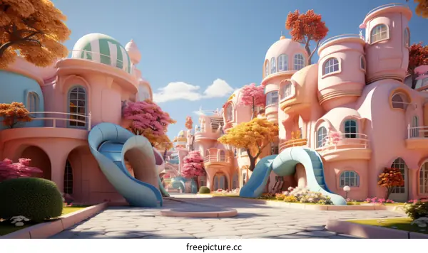 A Whimsical 3D Rendering of a Vibrant City with Pink Buildings and Blue Skies