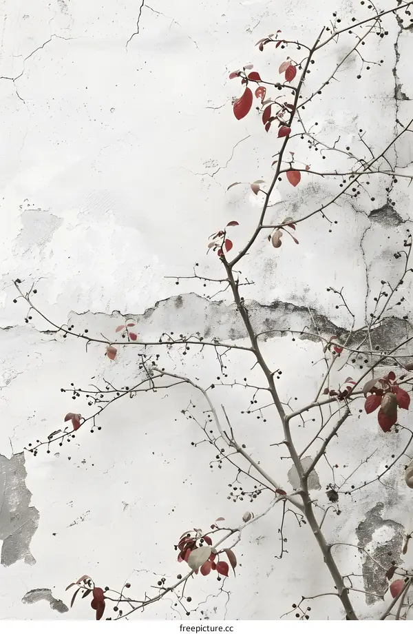 Red Leaves on a Branch Against a Cracked White Wall